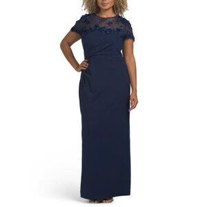 JS COLLECTIONS Navy Short Sleeve Lace Illusion Gown